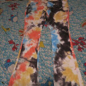 Heaven on Earth 1336 Tie Dye Stacked Denim Jeans Size 42x35 Raw Hem Orange Blue
